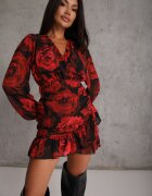 retro & icone Rochie roșu-negru încrețită cu croială petrecută cu volane și imprimeu de trandafiri Cealira