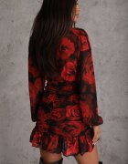 retro & icone Rochie roșu-negru încrețită cu croială petrecută cu volane și imprimeu de trandafiri Cealira