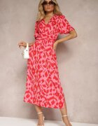 retro & icone Rochie Roșu-Roz cu Decolteu Petrecut și Decupaje Decorative cu Elastic în Talie și Curea Bonlea