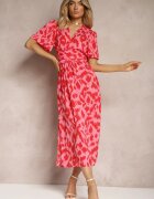 retro & icone Rochie Roșu-Roz cu Decolteu Petrecut și Decupaje Decorative cu Elastic în Talie și Curea Bonlea