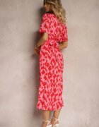retro & icone Rochie Roșu-Roz cu Decolteu Petrecut și Decupaje Decorative cu Elastic în Talie și Curea Bonlea