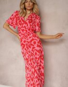 retro & icone Rochie Roșu-Roz cu Decolteu Petrecut și Decupaje Decorative cu Elastic în Talie și Curea Bonlea