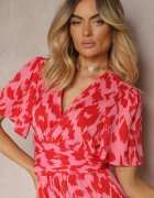 retro & icone Rochie Roșu-Roz cu Decolteu Petrecut și Decupaje Decorative cu Elastic în Talie și Curea Bonlea