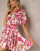 retro & icone Rochie Roz-Albă cu volane cu nasturi cu cordon din material și mânecă scurtă Uvinara