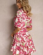 retro & icone Rochie Roz-Albă cu volane cu nasturi cu cordon din material și mânecă scurtă Uvinara