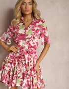 retro & icone Rochie Roz-Albă cu volane cu nasturi cu cordon din material și mânecă scurtă Uvinara