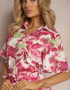 retro & icone Rochie Roz-Albă cu volane cu nasturi cu cordon din material și mânecă scurtă Uvinara