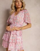 retro & icone Rochie Roz cu Croială Cloș cu Volane și Elastic în Talie Quireria