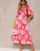 retro & icone Rochie Roz cu Decolteu Încrețit și Elastic în Talie cu Slituri Dilapia