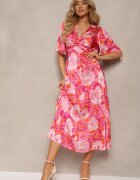 retro & icone Rochie Roz cu Decolteu Încrețit și Elastic în Talie cu Slituri Dilapia