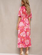 retro & icone Rochie Roz cu Decolteu Încrețit și Elastic în Talie cu Slituri Dilapia