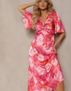 retro & icone Rochie Roz cu Decolteu Încrețit și Elastic în Talie cu Slituri Dilapia