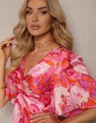 retro & icone Rochie Roz cu Decolteu Încrețit și Elastic în Talie cu Slituri Dilapia