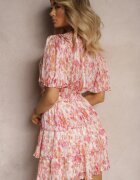 retro & icone Rochie Roz cu Decolteu Plic și Elastic în Talie cu Volane cu Fir Metalic Xailea