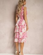 retro & icone Rochie roz cu Decolteu triunghiular și Elastic în talie cu Volane Cristalle