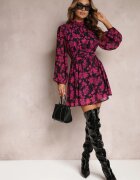 retro & icone Rochie Roz Evazată cu Flori cu Elastic în Talie Jonerda