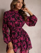 retro & icone Rochie Roz Evazată cu Flori cu Elastic în Talie Jonerda