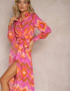 retro & icone Rochie Roz Midi cu Model Ikat cu Decolteu Petrecut și Curea Erdda