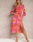 retro & icone Rochie Roz Midi cu Model Ikat cu Decolteu Petrecut și Curea Erdda