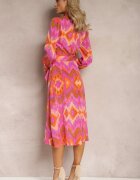 retro & icone Rochie Roz Midi cu Model Ikat cu Decolteu Petrecut și Curea Erdda