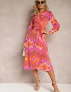 retro & icone Rochie Roz Midi cu Model Ikat cu Decolteu Petrecut și Curea Erdda