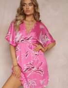 retro & icone Rochie Roz Mini Liliac cu elastic în talie și decolteu adânc Victona