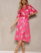 retro & icone Rochie Roz Petrecută cu Imprimeu Floral Metalic cu Cordon din Material în Talie Glerina