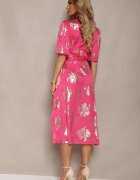 retro & icone Rochie Roz Petrecută cu Imprimeu Floral Metalic cu Cordon din Material în Talie Glerina