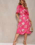 retro & icone Rochie Roz Petrecută cu Imprimeu Floral Metalic cu Cordon din Material în Talie Glerina