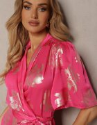 retro & icone Rochie Roz Petrecută cu Imprimeu Floral Metalic cu Cordon din Material în Talie Glerina