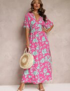 retro & icone Rochie Roz-Verde Evazată Maxi Cu flori Liliac Roseeve