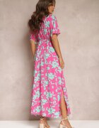 retro & icone Rochie Roz-Verde Evazată Maxi Cu flori Liliac Roseeve