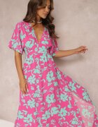 retro & icone Rochie Roz-Verde Evazată Maxi Cu flori Liliac Roseeve