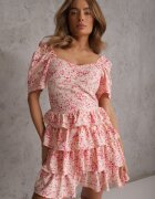 retro & icone Rochie Roză cu fason cloș cu volane și imprimeu fin Uveria