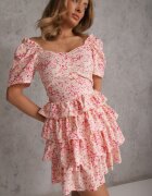 retro & icone Rochie Roză cu fason cloș cu volane și imprimeu fin Uveria