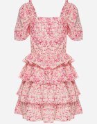 retro & icone Rochie Roză cu fason cloș cu volane și imprimeu fin Uveria