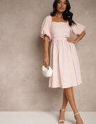retro & icone Rochie Roză Evazată cu Mâneci Bufante și Decolteu Pătrat Mariwena