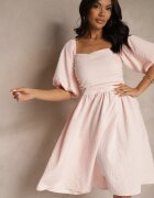 retro & icone Rochie Roză Evazată cu Mâneci Bufante și Decolteu Pătrat Mariwena
