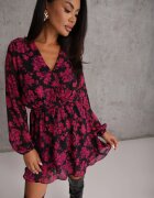 retro & icone Rochie roză mini evazată cu decolteu petrecut cu imprimeu floral Retrina