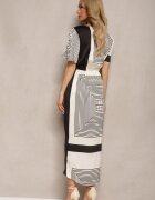 retro & icone Rochie Satinată Negru-Bej cu croială petrecută cu elastic în talie și imprimeu geometric Effiana