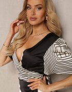 retro & icone Rochie Satinată Negru-Bej cu croială petrecută cu elastic în talie și imprimeu geometric Effiana