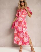 retro & icone Rochie Satine Roz cu Bust Petrecut Mâneci Largi și Croi Evazat Karlemia