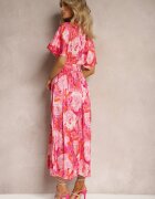 retro & icone Rochie Satine Roz cu Bust Petrecut Mâneci Largi și Croi Evazat Karlemia