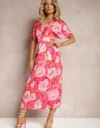 retro & icone Rochie Satine Roz cu Bust Petrecut Mâneci Largi și Croi Evazat Karlemia