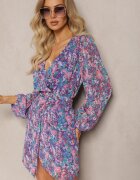 retro & icone Rochie scurtă înfășurată Albastru-Violet cu model floral Ninora