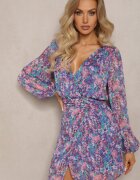 retro & icone Rochie scurtă înfășurată Albastru-Violet cu model floral Ninora