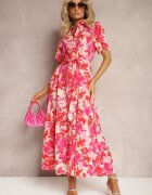 retro & icone Rochie tip cămașă Roșu-Roz cu flori cu mânecă scurtă și cordon din material Moahia