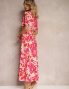 retro & icone Rochie tip cămașă Roșu-Roz cu flori cu mânecă scurtă și cordon din material Moahia