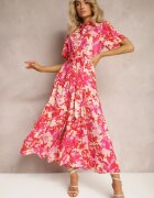 retro & icone Rochie tip cămașă Roșu-Roz cu flori cu mânecă scurtă și cordon din material Moahia