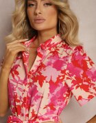 retro & icone Rochie tip cămașă Roșu-Roz cu flori cu mânecă scurtă și cordon din material Moahia